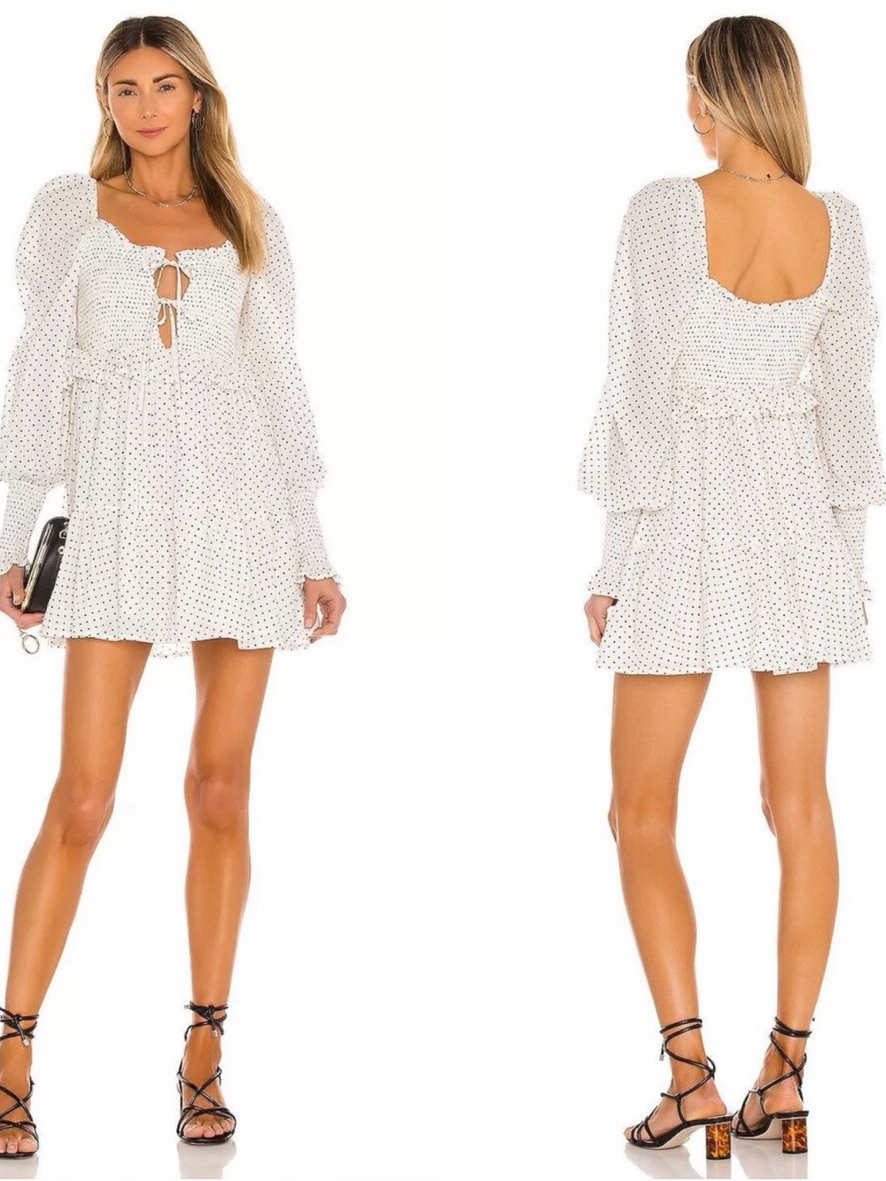 Majorelle Reece Polka Dot Smocked Cotton Tiered Long Sleeve White Mini Dress M